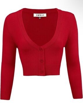 Yemak Women’s Red Cropped 3/4 Sleeve Cardigan